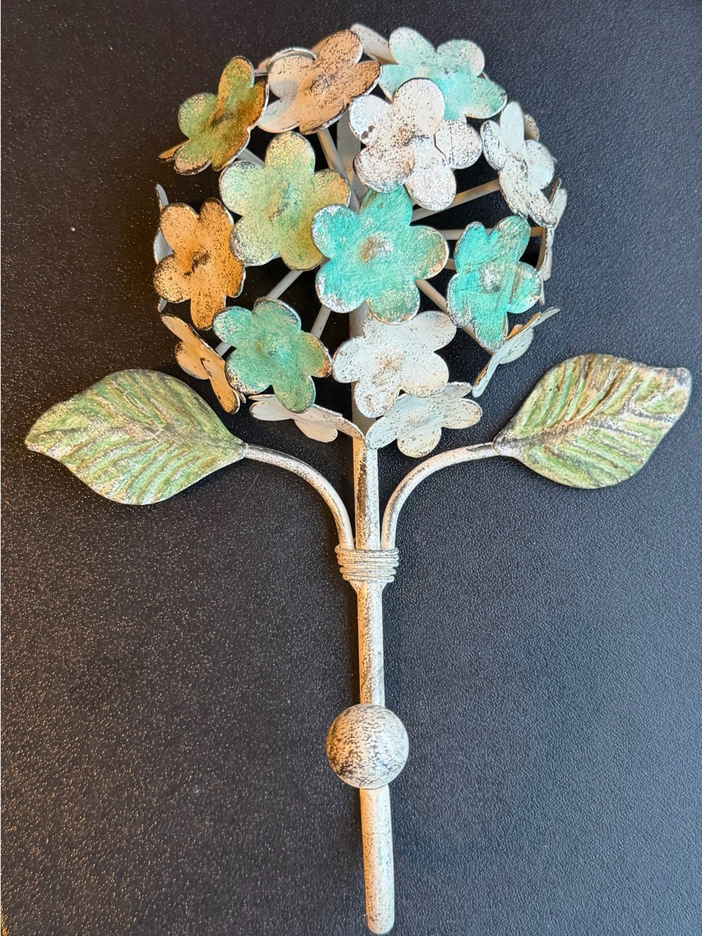 Metal Hydrangea Flower Wall Hook Teal White Distressed Rustic Coat Hanger⁠